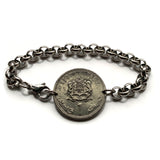 1987 Morocco Maroc 1 Dirham coin stainless steel rolo link bracelet Moroccan lions Casablanca Marrakesh Rabat Fez Maghrebi Salé Arab Derdja Berber moors Gnawa Africa Barbary Hassaniya Essaouira Chefchaouen Tangier Meknes Tetouan Haratin Tamazight b000152