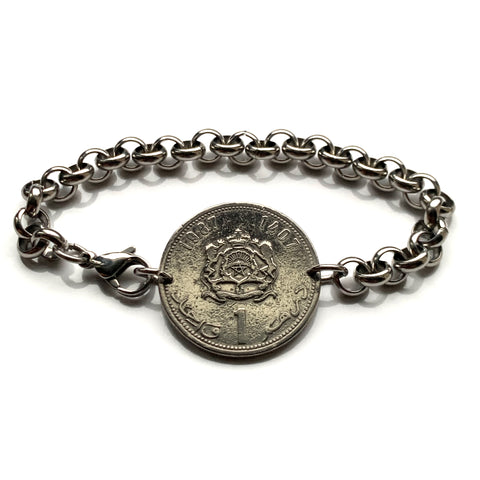 1987 Morocco Maroc 1 Dirham coin stainless steel rolo link bracelet Moroccan lions Casablanca Marrakesh Rabat Fez Maghrebi Salé Arab Derdja Berber moors Gnawa Africa Barbary Hassaniya Essaouira Chefchaouen Tangier Meknes Tetouan Haratin Tamazight b000152