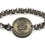 1987 Morocco Maroc 1 Dirham coin stainless steel rolo link bracelet Moroccan lions Casablanca Marrakesh Rabat Fez Maghrebi Salé Arab Derdja Berber moors Gnawa Africa Barbary Hassaniya Essaouira Chefchaouen Tangier Meknes Tetouan Haratin Tamazight b000152