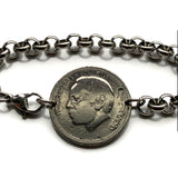 1987 Morocco Maroc 1 Dirham coin stainless steel rolo link bracelet Moroccan lions Casablanca Marrakesh Rabat Fez Maghrebi Salé Arab Derdja Berber moors Gnawa Africa Barbary Hassaniya Essaouira Chefchaouen Tangier Meknes Tetouan Haratin Tamazight b000152