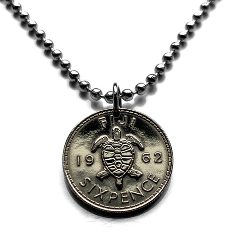 1962 Fiji 6 Pence coin pendant necklace jewelry cute Fijian sea aquatic turtle red ear slider tortoise beach sea Suva Lautoka Nadi Labasa Levuka British Ba Coral Coast Polynesia South Pacific n000018