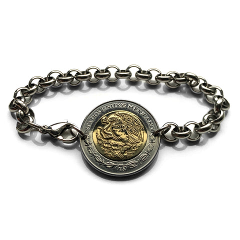 2001 Mexico 2 Pesos coin rolo link bracelet Mexican golden eagle Ecatepec Puebla Oaxaca Juárez Morelia Chiapas Tijuana León Monterrey Culiacán Veracruz Yucatán Jalisco Acapulco Cancun Cuernavaca Pachuca Durango Sinaloa Chihuahua Zócalo Aztec b000154