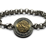 2001 Mexico 2 Pesos coin rolo link bracelet Mexican golden eagle Ecatepec Puebla Oaxaca Juárez Morelia Chiapas Tijuana León Monterrey Culiacán Veracruz Yucatán Jalisco Acapulco Cancun Cuernavaca Pachuca Durango Sinaloa Chihuahua Zócalo Aztec b000154