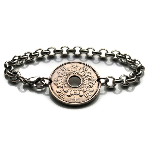 1963 Japan Nippon 50 Yen Chrysanthemum flower Tokyo Kobe Osaka coin bracelet Okinawa Hiroshima Chiba Sakai Niigata Nagasaki Honshu Kanji b000054