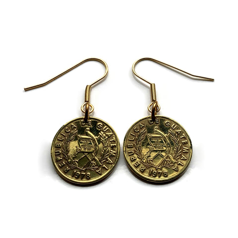 1978 Guatemala 1 Centavo coin earrings jewelry Resplendent Quetzal bird rifles espadas Chapín Villa Nueva Guate Central America K’iche' Mixco Villa Nueva Escuintla Huehuetenango Jutiapa Petapa Tikal Quiriguá Mayas e000629