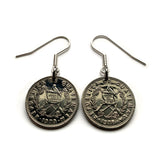 1970's Guatemala 10 Centavos coin earrings jewelry Resplendent Quetzal bird rifles espadas Chapín Villa Nueva Guate Central America K’iche' Mixco Villa Nueva Escuintla Huehuetenango Jutiapa Petapa Tikal Quiriguá Mayas e000630