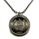 1971 Guatemala 25 Centavos coin pendant necklace jewelry Quetzal bird Mixco Villa Nueva Escuintla Huehuetenango Jutiapa Petapa Tikal Quiriguá Mayas n001829