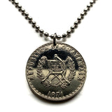 1971 Guatemala 25 Centavos coin pendant necklace jewelry Quetzal bird Mixco Villa Nueva Escuintla Huehuetenango Jutiapa Petapa Tikal Quiriguá Mayas n001829