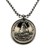 Bahamas 25 Cent coin pendant Bahamian Sloop sailboat Nassau Andros Exuma & Cays Junkanoo Rose Island Rum Cay Paradise Island Pineapple Fest Gregory Town Blue Lagoon Lucayan New Providence Eleuthera Grand Bahama Gold Rock Coco Plum Beach n000204