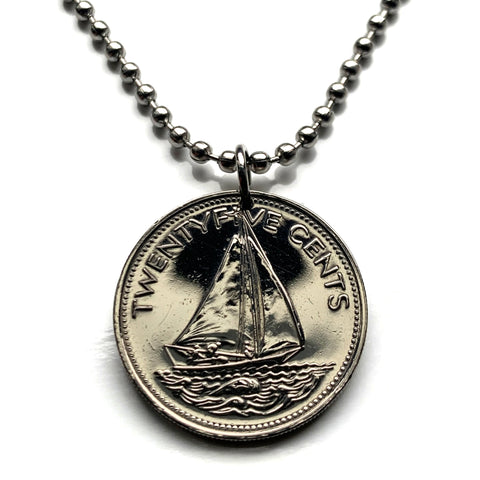 Bahamas 25 Cent coin pendant Bahamian Sloop sailboat Nassau Andros Exuma & Cays Junkanoo Rose Island Rum Cay Paradise Island Pineapple Fest Gregory Town Blue Lagoon Lucayan New Providence Eleuthera Grand Bahama Gold Rock Coco Plum Beach n000204