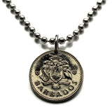 Barbados 10 Cents coin pendant Laughing gull bird Trident 3 pronged spear dolphin fish pelican Bridgetown Oistins Holetown Speightstown Saint Michael Six Cross Roads South Point Lighthouse drietand Neptune sea god aquaman n000571