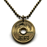 Japan Nippon Nihon 5 Yen coin pendant necklace Japanese Jewelry rice stalk Tokyo Kobe Osaka Okinawa Fukuoka Sendai Sapporo Honshu Hokkaido Kyushu Shikoku Hiroshima Nagasaki Sapporo Kanto Gunma Ginza Land of the Rising Sun n000096