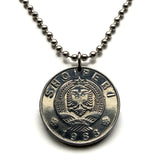 1988 Albania Shqiperi 50 Qindarka coin pendant double headed eagle Tirana Durres Vlore Elbasan Shkoder Kruje Lushnje Mangalem Korab Shkumbin Fier Dalmatia Genthios Illyria Shqiptar Gheg Tosk Berat Osum n003847
