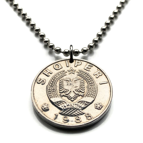 1988 Albania Shqiperi 50 Qindarka coin pendant double headed eagle Tirana Durres Vlore Elbasan Shkoder Kruje Lushnje Mangalem Korab Shkumbin Fier Dalmatia Genthios Illyria Shqiptar Gheg Tosk Berat Osum n003847