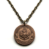 1909 Russia 2 Kopeks coin pendant Russian eagle Moscow Sochi Rus' Novosibirsk Slavic Volgograd Red Square Omsk Samara Tatars Siberia n000739