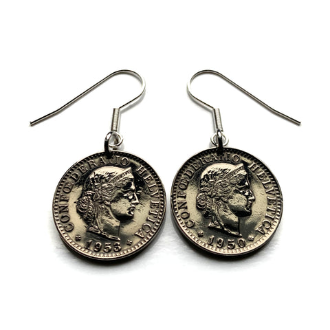 Switzerland Helvetia 20 Rappen coin earrings Swiss Lady Liberty Zurich Basel Geneva Lucerne Bern Winterthur Lausanne Lugano Biel Bienne Thun Ticino Uri Alpine Jura Alphorn e000638
