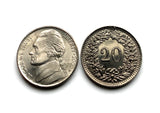 Switzerland Helvetia 20 Rappen coin earrings Swiss Lady Liberty Zurich Basel Geneva Lucerne Bern Winterthur Lausanne Lugano Biel Bienne Thun Ticino Uri Alpine Jura Alphorn e000638