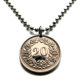 1944 to 1962 Switzerland 20 Rappen coin pendant Swiss Helvetia Zurich Suisse Lugano Biel/Bienne Thun Ticino Uri Alpine Jura Alphorn n002605