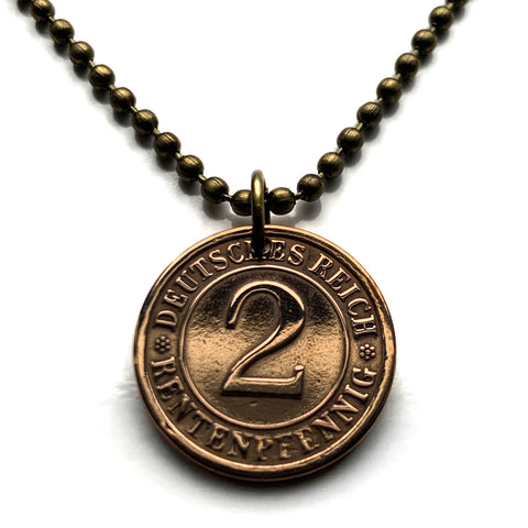 1924 Germany Deutschland 2 Pfennig coin pendant Weimar Republic wheat sheaf Berlin Hamburg Munich Cologne Frankfurt Bavaria Dusseldorf Stuttgart Leipzig Dortmund Bremen Essen Dresden Nuremberg n000316
