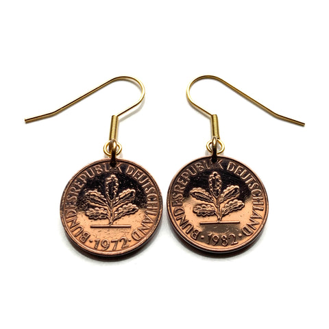 Germany Deutschland 2 Pfennig coin earrings German oak Bavaria Berlin Munich seed garden planting blossom tree plant e000640
