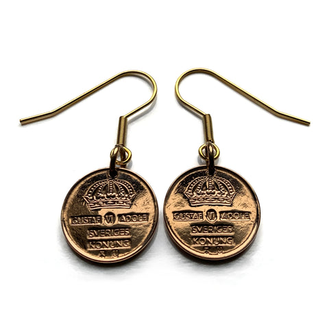 1963 Swedish earrings Sweden Sverige 1 Ore coin crown Stockholm Nordic Scandinavia Baltic Swedes Viking King Queen e000252