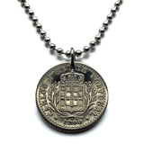 1900 Portugal 100 Reis coin pendant Portuguese Quinas castles Quincunx cross Lisboa Oporto Sintra Braga Coimbra Évora Faro Santa Maria de Belém Vila Nova de Gaia Mirandese Guimarães Praia da Marinha Viseu Setúbal Amadora Funchal Almada Portalegre n003158
