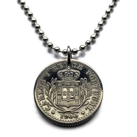 1900 Portugal 100 Reis coin pendant Portuguese Quinas castles Quincunx cross Lisboa Oporto Sintra Braga Coimbra Évora Faro Santa Maria de Belém Vila Nova de Gaia Mirandese Guimarães Praia da Marinha Viseu Setúbal Amadora Funchal Almada Portalegre n003158