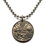 United Kingdom Great Britain 6 Pence coin pendant beach bridesmaid gift something old new English Tudor rose England Scottish thistle Scotland Irish shamrock Ireland Welsh leek Wales London Edinburgh Belfast Cardiff Manchester Bristol Newcastle n000085