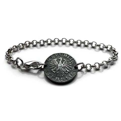 1966 Austria Osterreich 5 Groschen coin rolo link bracelet jewelry Austrian eagle Vienna Wien Salzburg Innsbruck Graz Linz Tyrol Villach Carinthia Sankt Polten Wels Solden Ischgl Gmunden Vorarlberg Hallstatt Styria Edelweiss Alpine Alps b000067