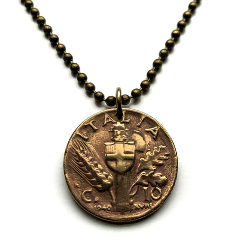 1940 Italy 10 Centesimi coin pendant World War 2 era Savoy shield Rome Florence Milan Venice Napoli Verona Torino Assisi Capri Siena Ferrara Ancona Palermo Cagliari Perugia Bergamo Parma Ragusa Salerno Pisa Matera Sorrento Trento Capri Bari n000547