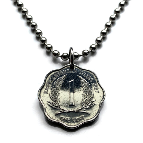 1987 British East Caribbean States 1 Cent coin pendant Antigua Barbuda Dominica Grenada Saint Lucia Saint Vincent the Grenadines Saint Kitts Nevis Anguilla Montserrat Martinique Trinidad Tobago Barbados British Guiana Lesser Antilles Caribbees n003858
