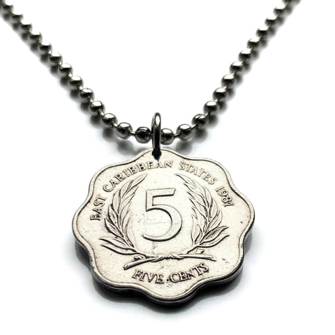 1981 British East Caribbean States 5 Cent coin pendant Antigua Barbuda Dominica Grenada Saint Lucia Saint Vincent the Grenadines Saint Kitts Nevis Anguilla Montserrat Martinique Trinidad Tobago Barbados British Guiana Lesser Antilles Caribbees n003047