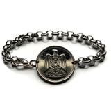 1967 Egypt 5 Qirsh coin rolo link bracelet eagle of Saladin Cairo Alexandria Luxor Thebes Aswan Port Said Suez Abu Simbel Egyptian Khafra Great Sphinx of Giza pyramids Tutankhamun Nile River b000157