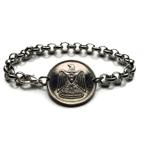 1967 Egypt 5 Qirsh coin rolo link bracelet eagle of Saladin Cairo Alexandria Luxor Thebes Aswan Port Said Suez Abu Simbel Egyptian Khafra Great Sphinx of Giza pyramids Tutankhamun Nile River b000157