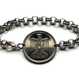 1967 Egypt 5 Qirsh coin rolo link bracelet eagle of Saladin Cairo Alexandria Luxor Thebes Aswan Port Said Suez Abu Simbel Egyptian Khafra Great Sphinx of Giza pyramids Tutankhamun Nile River b000157