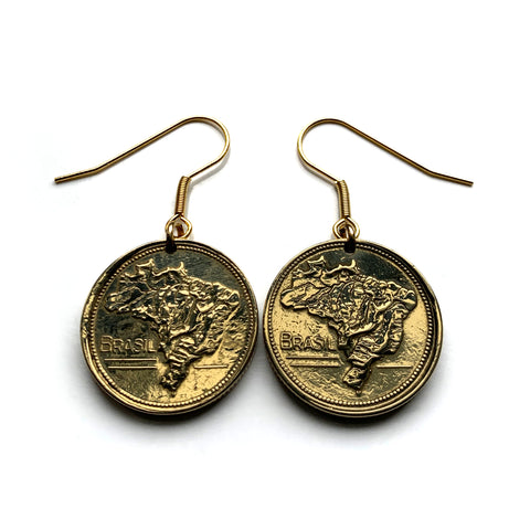 1945 Brazil 1 Cruzeiro coin earrings Brazilian map Rio de Janeiro São Paulo Brasilia Belo Horizonte Salvador de Bahia Fortaleza Belém Pelourinho Recife Porto Alegre Pelourinho Manaus Portuguese e000644