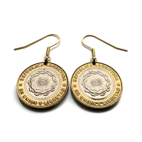 2011 Argentina 2 Pesos coin earrings Sol de Mayo Buenos Aires Tucumán Salta San Juan Entre Ríos Río de La Plata Puerto Madero Quilmes Córdoba Rosario Mendoza Mar del Plata Santa Fe Mataderos Patagonia las Pampas gauchos Corrientes Gran Chaco e000643