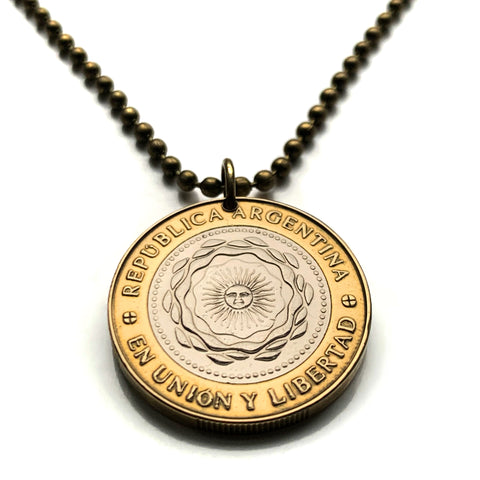 2010 Argentina 2 Pesos coin pendant Sol de Mayo Buenos Aires Tucumán Salta San Juan Entre Ríos Río de La Plata Puerto Madero Quilmes Córdoba Rosario Mendoza Mar del Plata Santa Fe Mataderos Patagonia las Pampas gauchos Corrientes Gran Chaco n001309