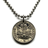 1949 Haiti 5 Cent coin pendant Haitian flags cannons palm trees Paul Magloire Port-au-Prince Cap-Haïtien Carrefour Delmas Pétion-Ville Port-de-Paix Croix des Bouquets Jacmel Léogâne Cayes Citadelle Laferrière Sans-Souci Minot Artibonite Gonaïves n003856