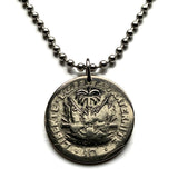 1958 Haiti 10 Centimes coin pendant necklace jewelry Haitian flags cannons palm tree Port-au-Prince Cap-Haïtien Carrefour Delmas Pétion-Ville Port-de-Paix Croix des Bouquets Jacmel Citadelle Laferrière French Léogâne n002407
