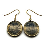 Greece Hellas 1 Euro coin earrings Greek little owl of Athena Parthenon Crete Hellenic Macedonia Sparta Peloponnese Pella Thebes e000711