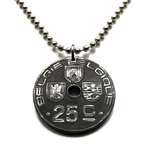 1945 Belgium 25 Centimes coin Belgian pendant necklace jewelry World War 2 era Nazi German Occupation Brussels Mons Bruges Flanders Flemish Antwerp Ghent Liège Limbourg Bilstain Wallonia Namur Leuven Charleroi Mechelen Deurne Ostend Dinant n003874