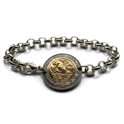 1996 Mexico 2 Pesos coin rolo link bracelet Mexican golden eagle Ecatepec Puebla Oaxaca Juárez Morelia Chiapas Tijuana León Monterrey Culiacán Veracruz Yucatán Jalisco Acapulco Cancun Cuernavaca Pachuca Durango Sinaloa Chihuahua Zócalo Aztec b000154