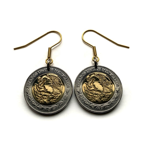 Mexico 2 Pesos coin earrings Mexican golden eagle snake Aztec calendar stone Piedra del Sol Veracruz Chiapas Pachuca Morelia Durango e000482