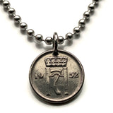 1952 Norway Norge 10 Ore coin pendant necklace Norwegian crown letter H number 7 Oslo Bergen Stavanger Sandnes Trondheim Drammen Bokmal Nynorsk Viken Vestland Rogaland Alesund Geirangerfjord Fredrikstad Bodø Norse Nordic Scandinavia Vikings n002194
