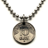 1952 Norway Norge 10 Ore coin pendant necklace Norwegian crown letter H number 7 Oslo Bergen Stavanger Sandnes Trondheim Drammen Bokmal Nynorsk Viken Vestland Rogaland Alesund Geirangerfjord Fredrikstad Bodø Norse Nordic Scandinavia Vikings n002194