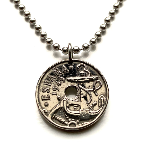 1949 España Spain 50 Centimos coin pendant Spanish ship anchor rudder Castile Leon Aragon Navarre Granada Sevilla Malaga Granada Cataluña n003877