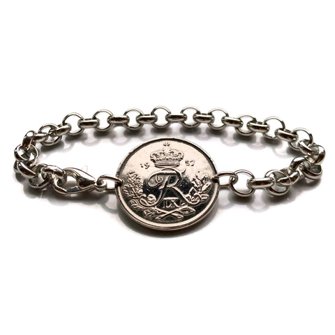 1949 Denmark Danmark 25 Ore coin bracelet Danish initial R Danes Copenhagen Aarhus Odense Aalborg Esbjerg Randers Jutland Vikings Danskere Scandinavian Nordic Zealand Funen Amalienborg Norse b000161