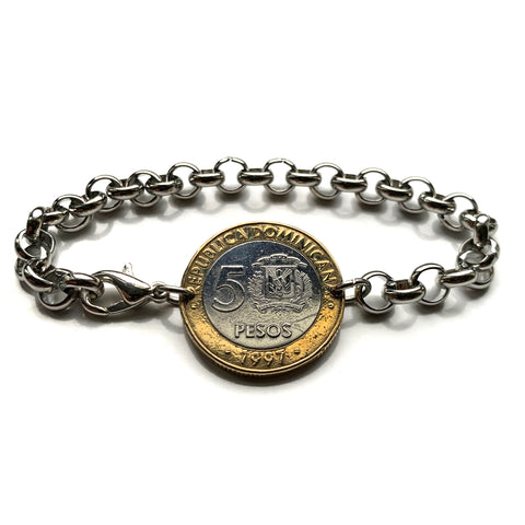 1997 Dominican Republic 5 Pesos coin rolo link bracelet jewelry Santo Domingo Puerto Plata La Vega San Cristobal Punta Cana La Romana Boca Chica Zona Colonial Cibao Pico Duarte Cap Cana Saona Bani Moca b000162