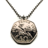 1997 Bailiwick of Guernsey UK 50 Pence coin pendant freesia flowers blossom Saint Peter Port Castle Cornet Fort Grey British n003886